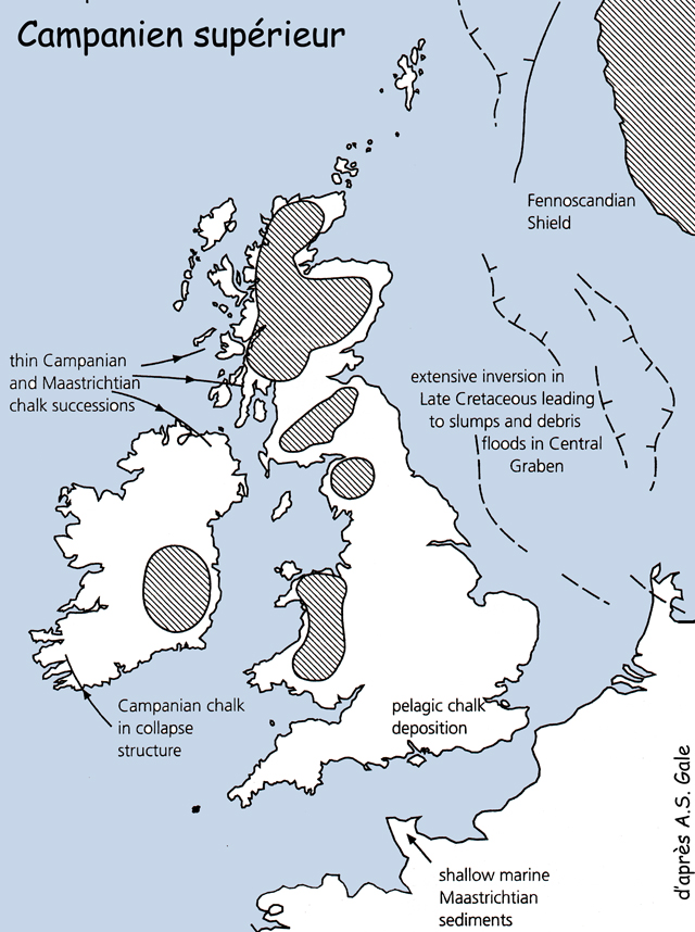Paléogéographie des îles britanniques au Campanien supérieur, d'après A.S. Gale