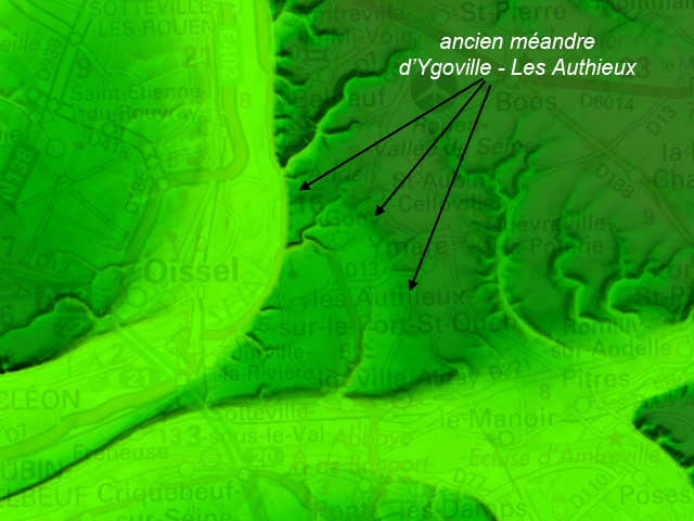 Carte de relief en ombrage montrant l'emplacement du méandre fossile d'Ygoville - Les Authieux